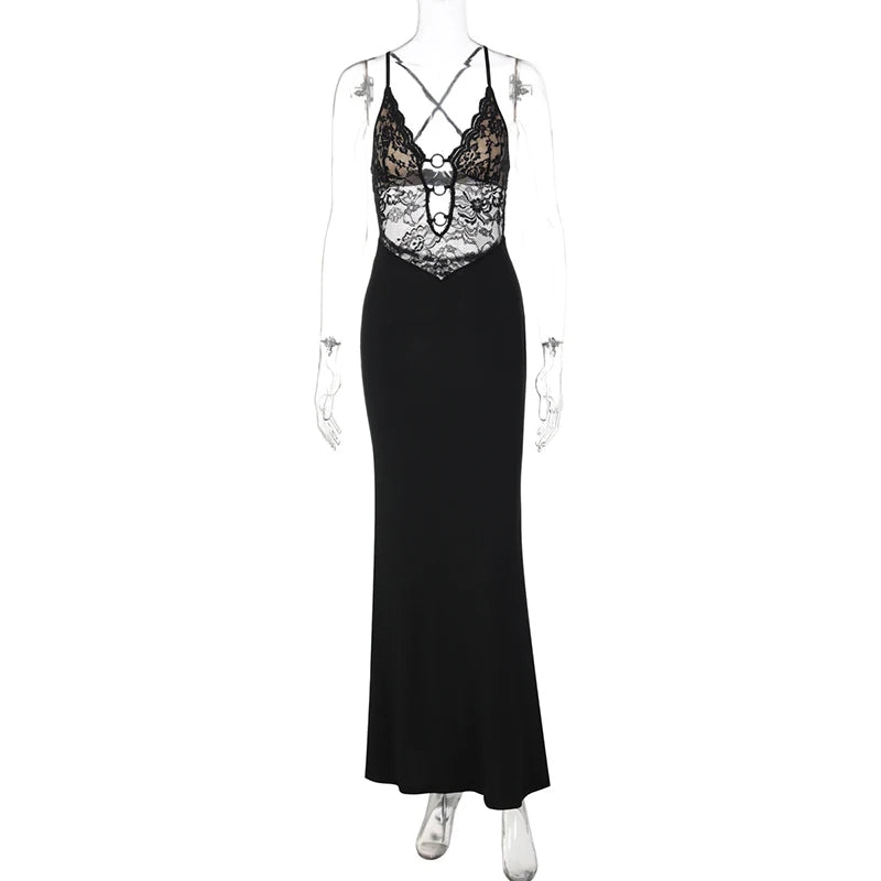 Glorol - Hollow Spaghetti Strap Lace Slim Maxi Dress