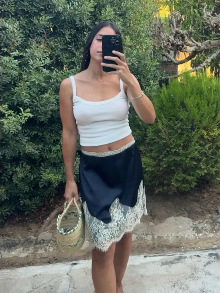 Glorol - High Waist Lace Patchwork Printed Skirt