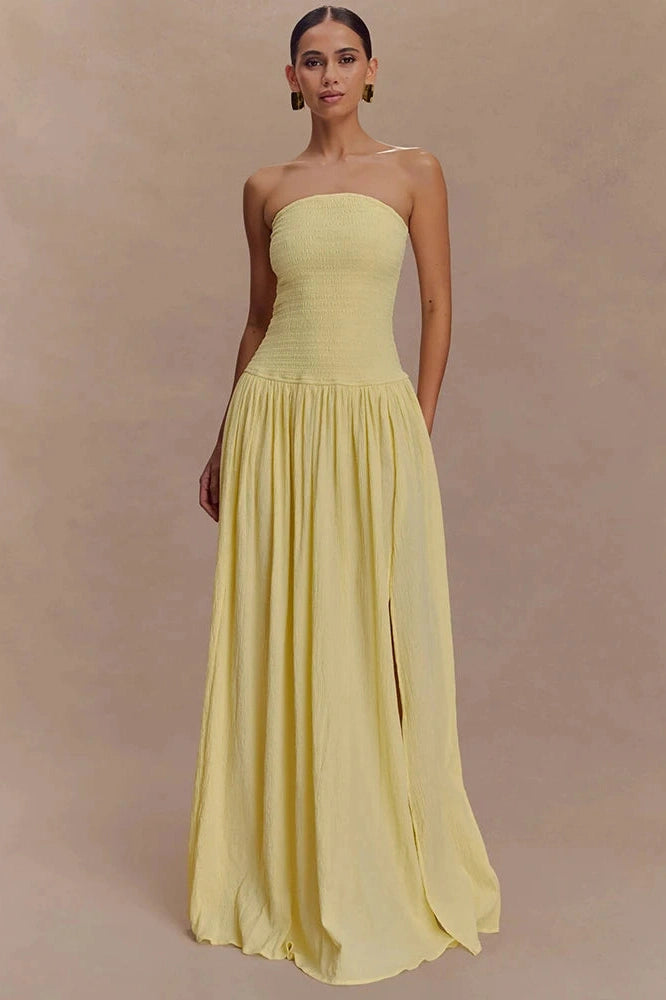 Glorol - Off-Shoulder Strapless Sleeveless Backless High Split Pleated Maxi Dress