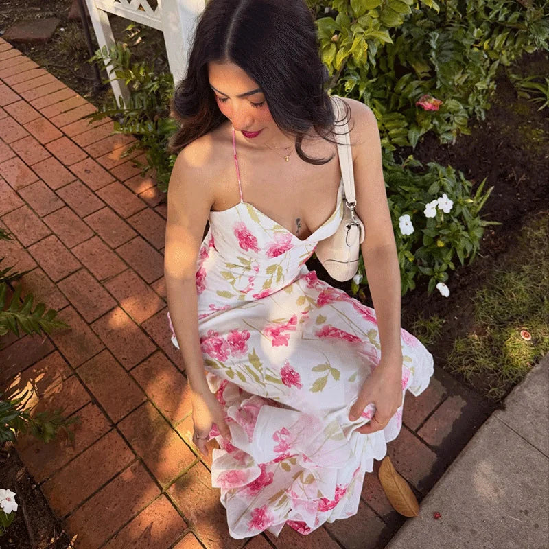 Glorol - Printed Lace-Up Backless Patchwork Maxi Dress