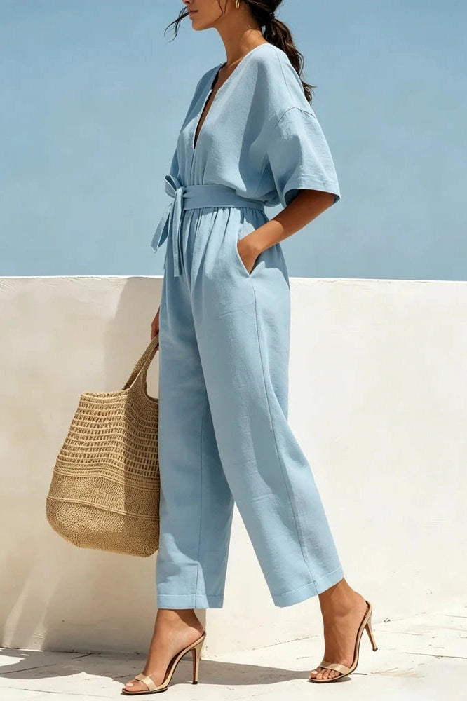 Glorol - Lace-Up Waist Cotton V-Neck Half Sleeve Jumpsuit