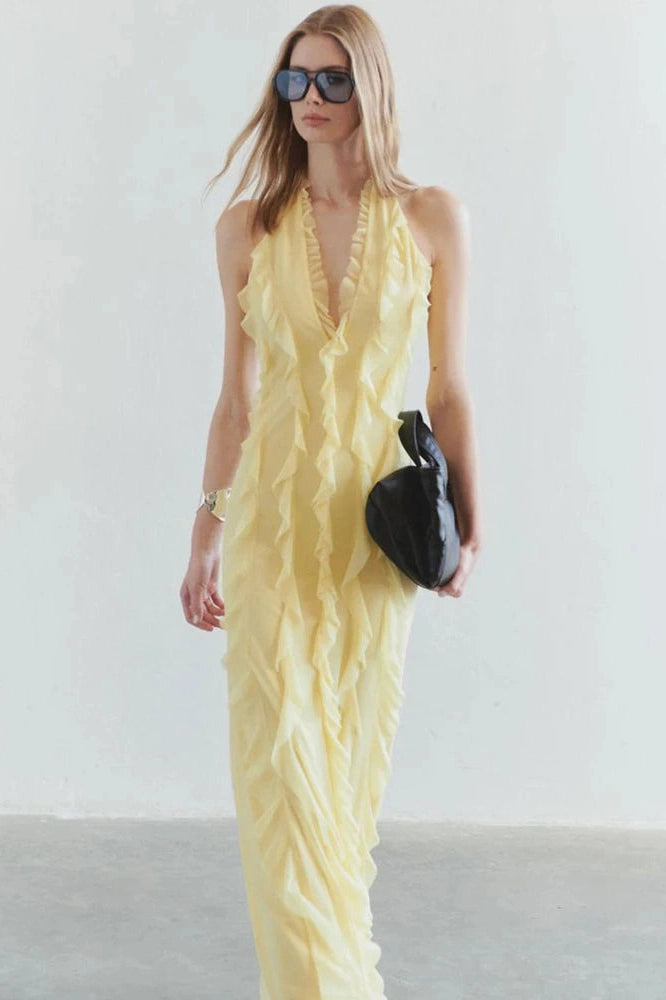 Glorol - Off-Shoulder V Neck Sleeveless Backless Bodycon Maxi Dress