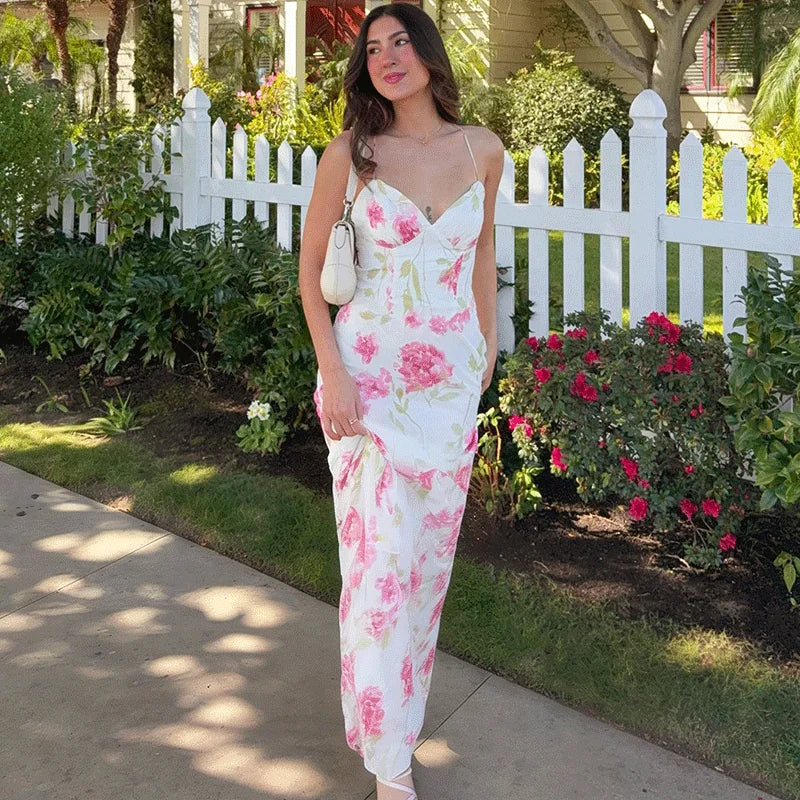 Glorol - Printed Lace-Up Backless Patchwork Maxi Dress