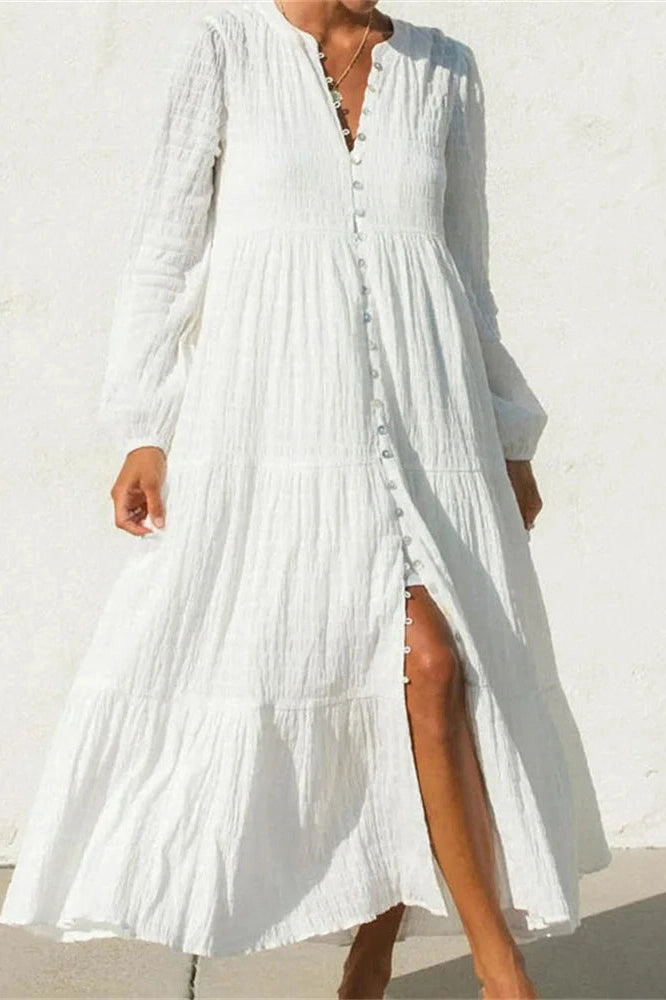 Glorol - Long Sleeve Patchwork Loose V-Neck Maxi Dress