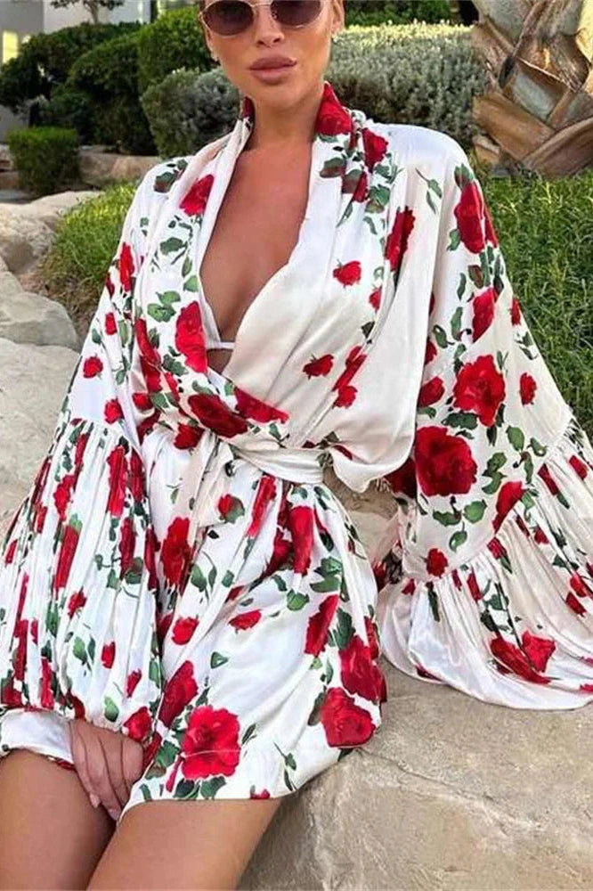 Glorol - Printed Patchwork Long Sleeve Lace-Up V-Neck Mini Dress