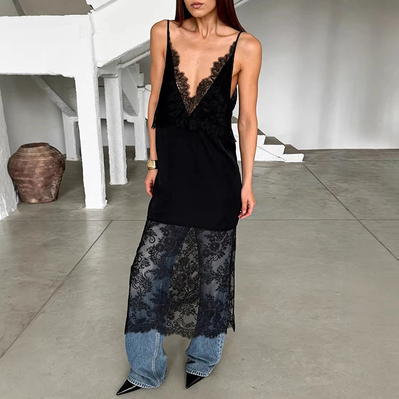 Glorol - Lace Slit Deep V-Neck Loose Midi Dress