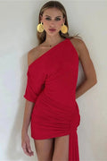 Glorol - One-Shoulder Slim Patchwork Bodycon Mini Dress