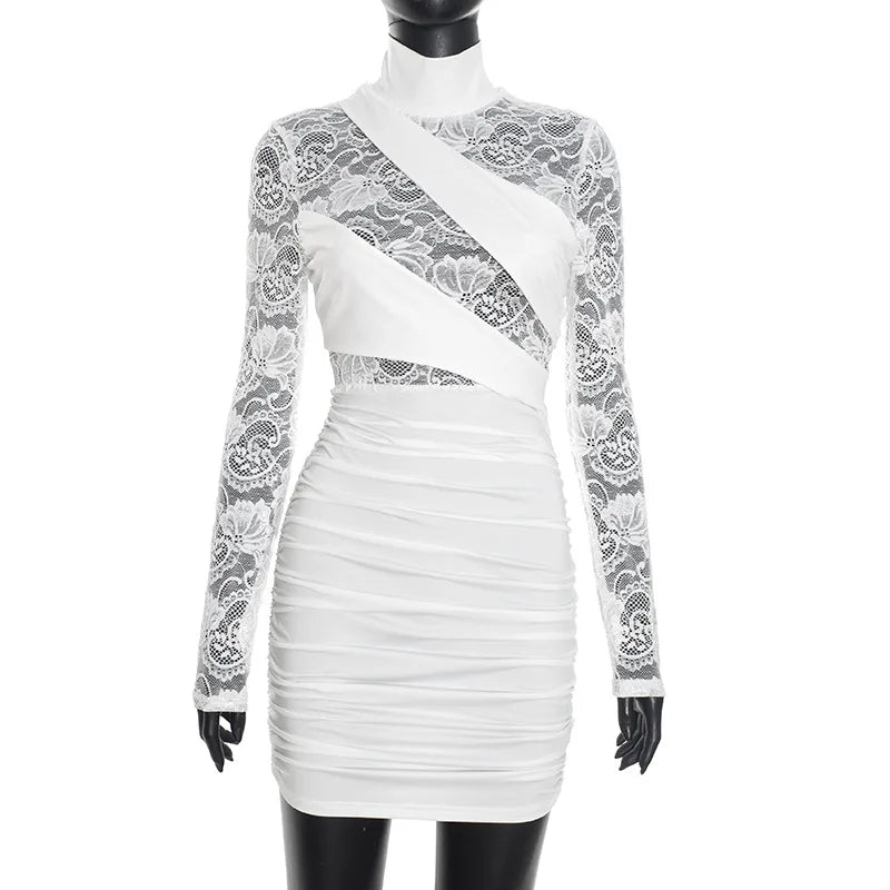 Glorol - Lace Turtleneck Long Sleeve Bodycon Mini Dress