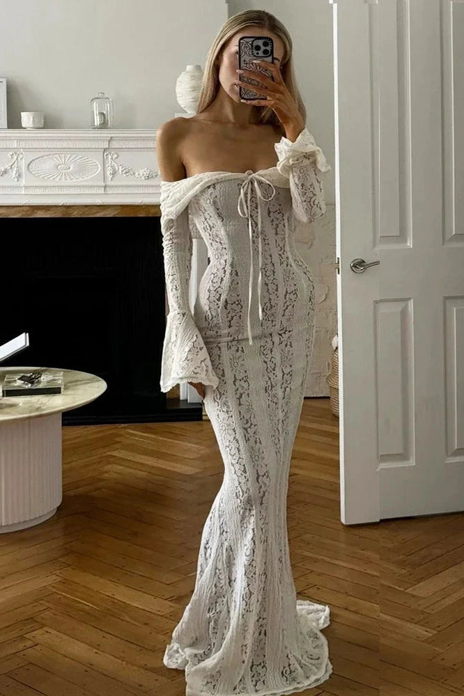 Glorol - Off-Shoulder See-Through Printed Lace-Up High Waist Maxi Dress