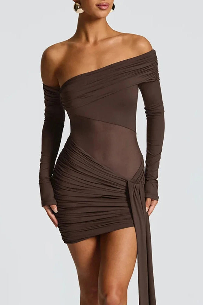 Glorol - Off-Shoulder Long Sleeve See Through Strapless Backless Mini Dress