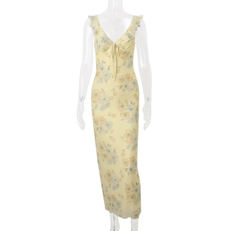 Glorol - Printed V-Neck Sleeveless Slim Maxi Dress