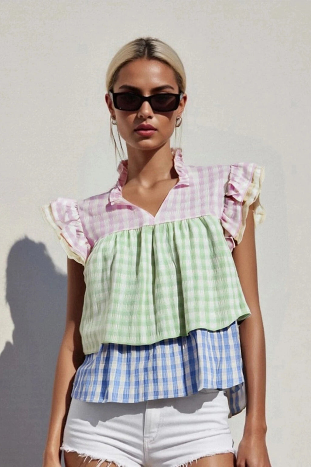 Glorol - Plaid V-Neck Sleeve Patchwork Loose Top