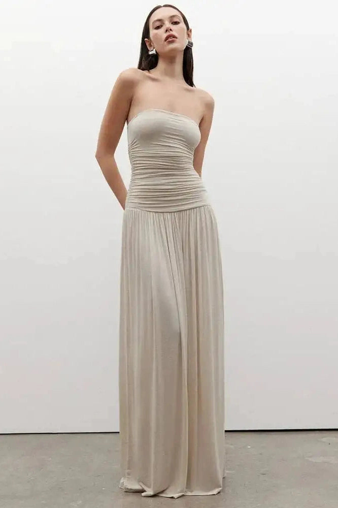Glorol - Off-Shoulder Strapless Pleated Sleeveless High Waist Maxi Dress