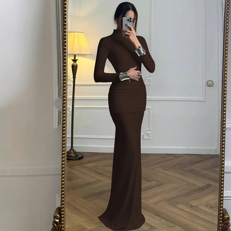Glorol - Backless Slim Turtleneck Long Sleeve Maxi Dress