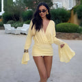 Glorol - High Waisted V-Neck Pleated Long Sleeved Mini Dress