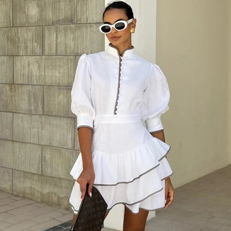 Glorol - Elegant Ruffle A-Line High Waisted Mini Dress