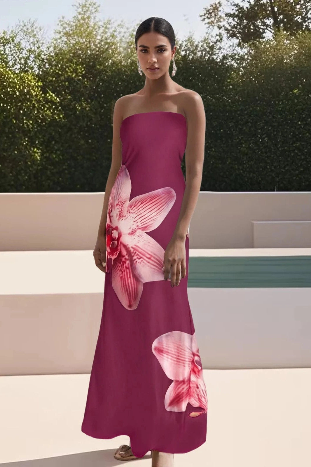 Glorol - Sleeveless Off-Shoulder Flower Print Maxi Dress