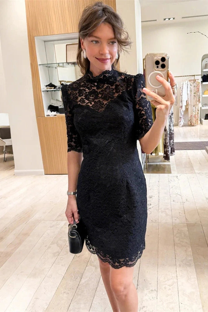 Glorol - See-Through Lace Patchwork Short Sleeve Mini Dress