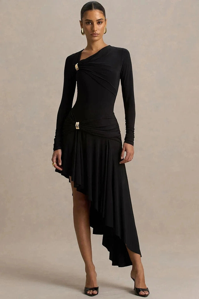 Glorol - Long Sleeve Split Irregular Maxi Dress