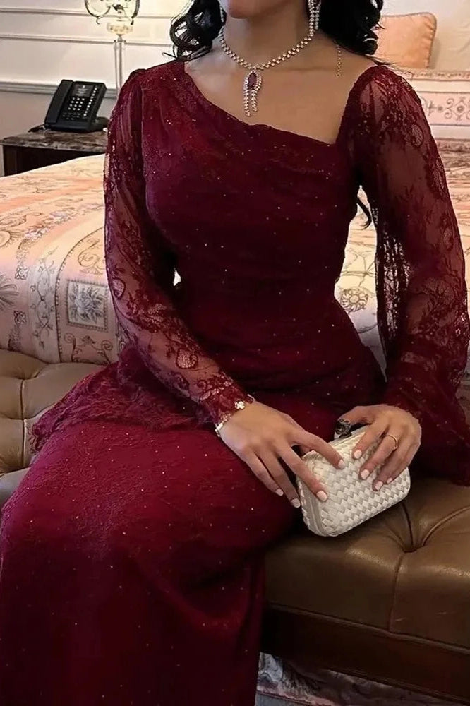 Glorol - Elegant Lace Slim Slash Collar Long Sleeve Irregular Maxi Dress