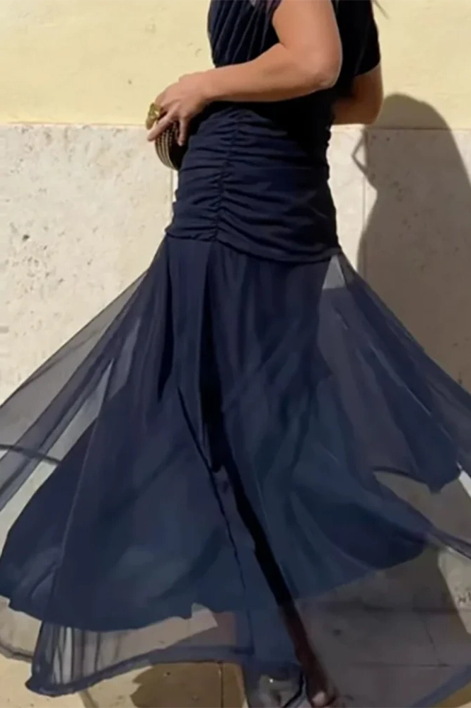 Glorol - Printed Shawl Sleeve High Waist Pleated V-Neck Off Shoulder Maxi Dress