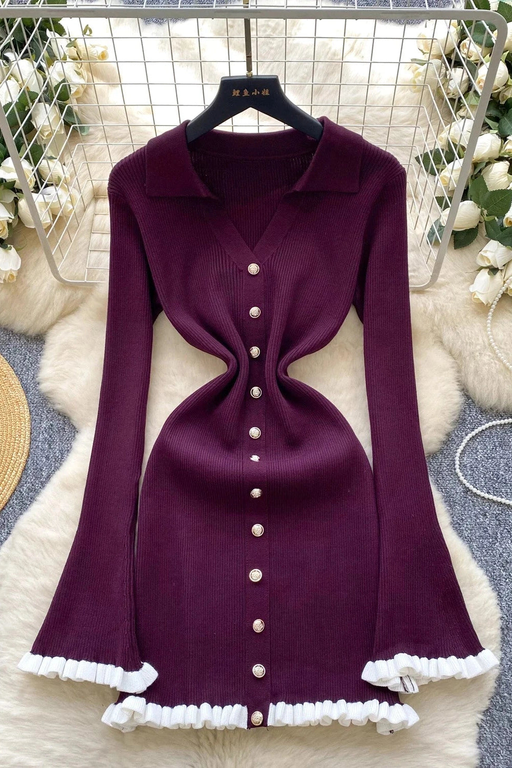 Glorol - Elegant Knitted Long Sleeve Single-Breasted Bodycon Mini Dress