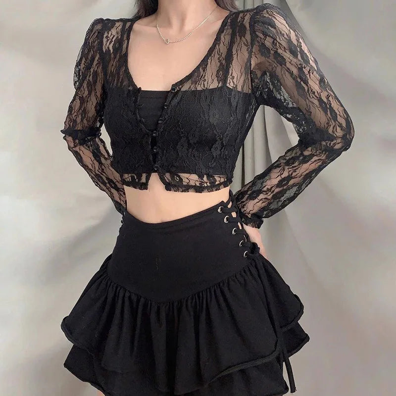 Glorol - Lace See Through Long Sleeve V Neck Slim Top