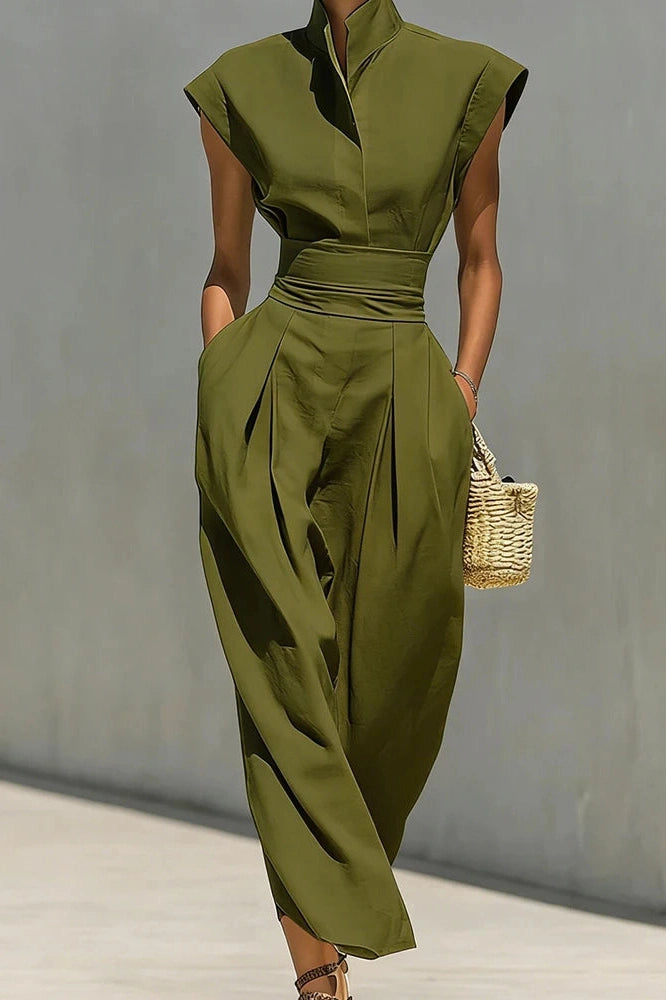 Glorol - Elegant High Waist Slim Pleated Sleeveless Midi Dress