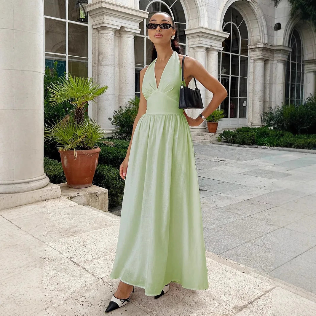 V Neck High Waist A-Line Maxi Dress