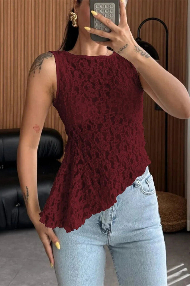 Glorol - Lace Printed See-Through Sleeveless Patchwork Top
