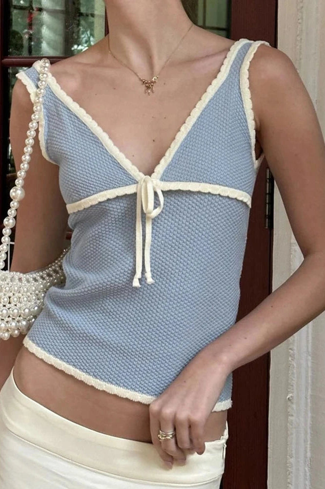 Glorol - Lace-Up Backless V-Neck Slim Top