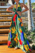 Glorol - Hollow Out Sleeveless Lace-up Printed Maxi Dress
