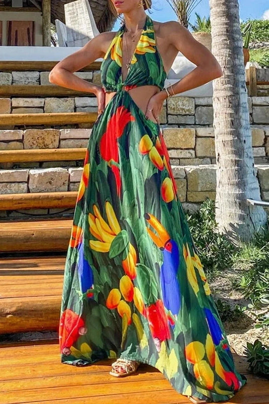 Glorol - Hollow Out Sleeveless Lace-up Printed Maxi Dress