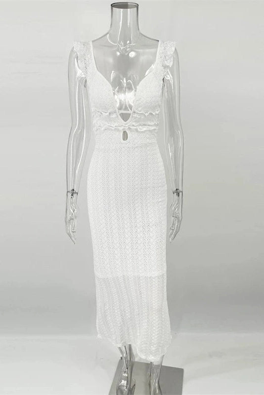 Glorol - Deep V Neck Sleeveless See Through High Waist Knitted Maxi Dress