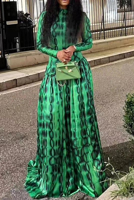 Glorol - Printed Long Sleeve Slim High Waist Pleated Maxi Dress
