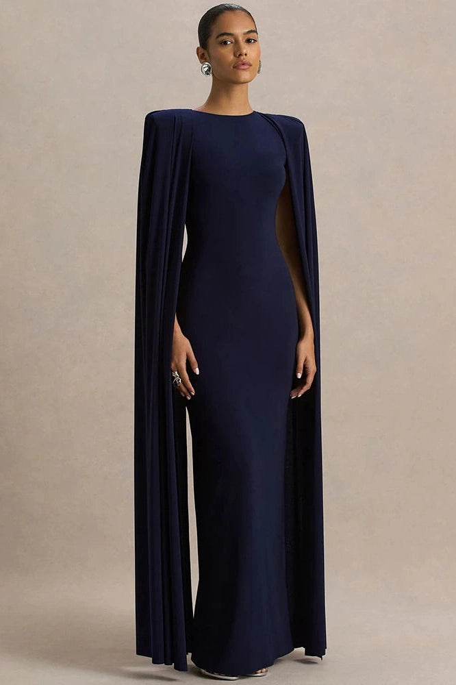 Glorol - Cape Sleeve Zipper O Neck High Waist Split Maxi Dress