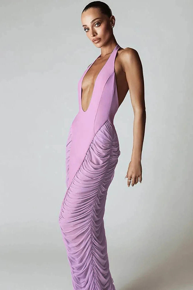 Glorol - Deep V Neck Patchwork Mesh High Waist Maxi Dress