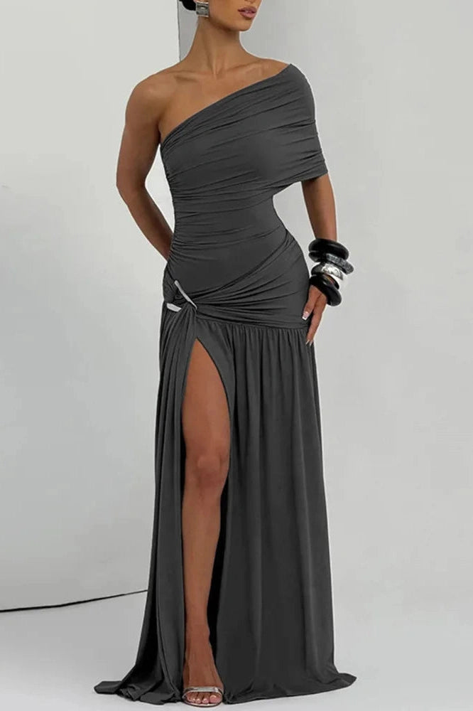 Glorol - Off-Shoulder Backless One Sleeve Split Pleated Maxi Dress