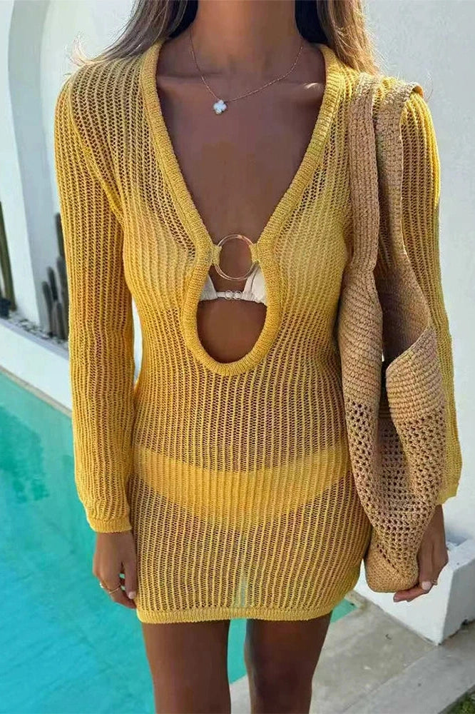 Glorol - Elegant High Waist See-Through V-Neck Mesh Slim Mini Dress