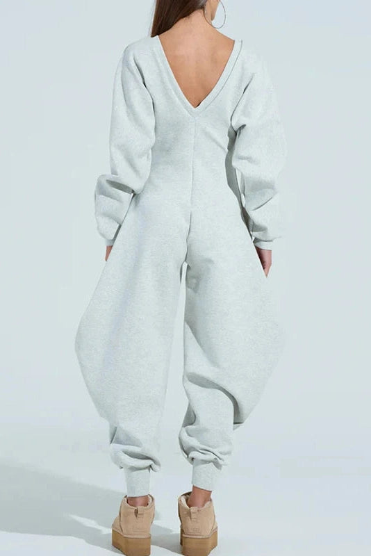 Glorol - Long Sleeve Deep V-Neck High Waist Jumpsuit