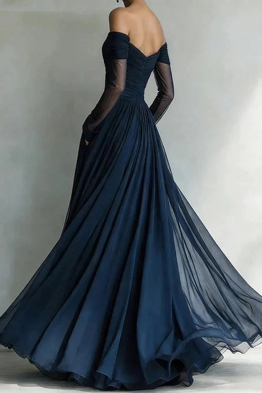 Glorol - Off Shoulder High Waist Pleated Long Sleeve Slim Maxi Dress