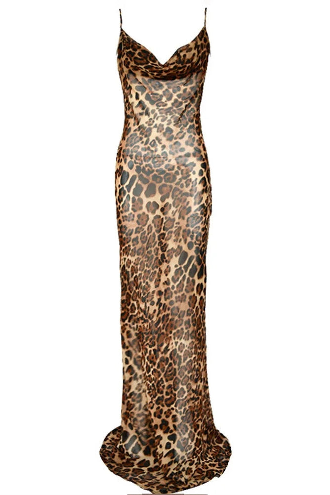 Glorol - Printed Lace-Up Backless Slim Maxi Dress
