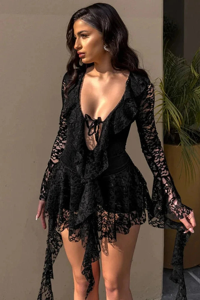 Glorol - Lace Deep V Neck Long Sleeve A-line Mini Dress