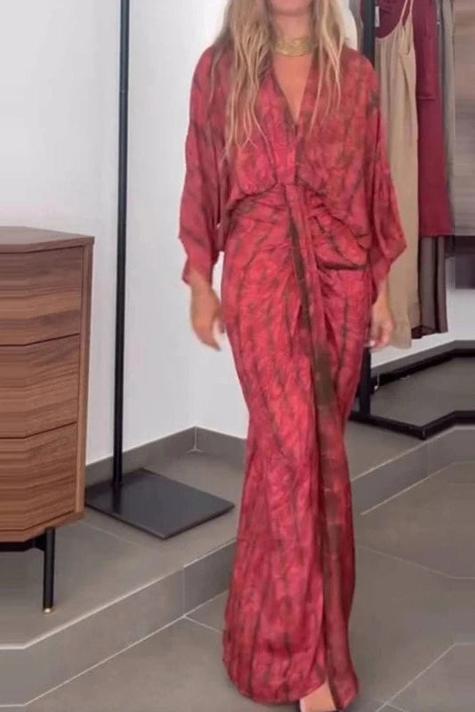 Glorol - Sleeves Loose Printed Tie-Up V-Neck High Waist Pleated Maxi Dress
