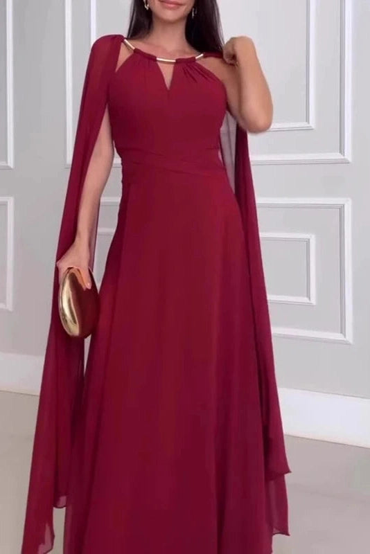 Glorol - Elegant Hollow Out Shawl Sleeve Pleated High Waist Maxi Dress