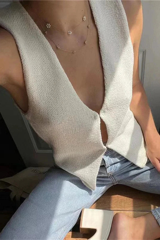 Glorol - Hollow Out Sleeveless V-Neck Slim Top