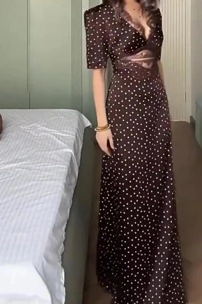 Glorol - Short Sleeve Lace V-Neck Printed High Waist Maxi Dress