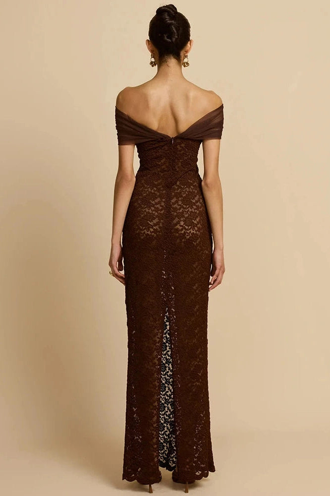 Glorol - Lace Off-Shoulder See Through Strapless Sleeveless Split Bodycon Maxi Dress