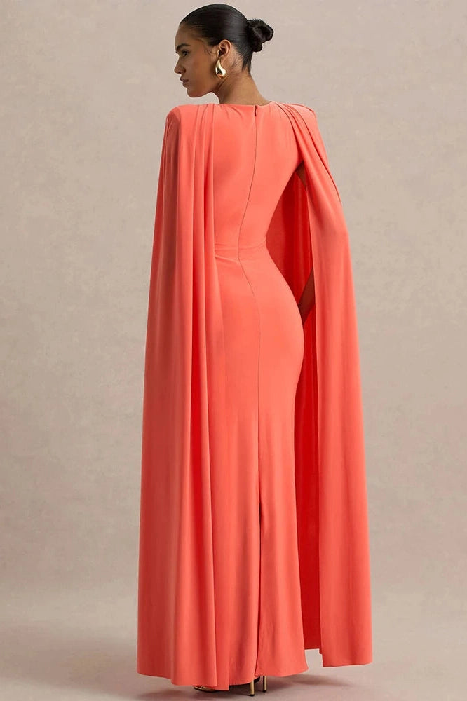 Glorol - Cape Sleeve Zipper O Neck High Waist Split Maxi Dress