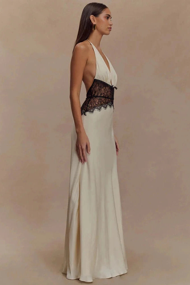 Glorol - Backless Patchwork Lace Deep V Neck Sleeveless High Waist Maxi Dress